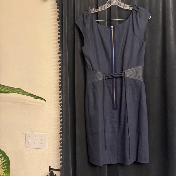 Rebecca Taylor Navy Linen Blend Dress with Lamb Leather Sides & Corset Back 10 - Picture 7 of 9